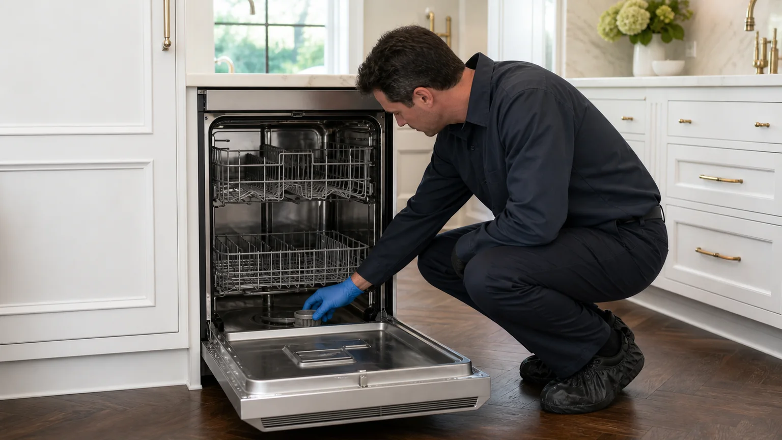 Panel-ready dishwasher prepared for a professional diagnostic visit
